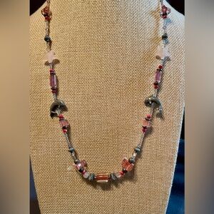 Whimsical Rose Quartz,Glass Beads and, Silver Tone Dolphin Necklace~OOAK